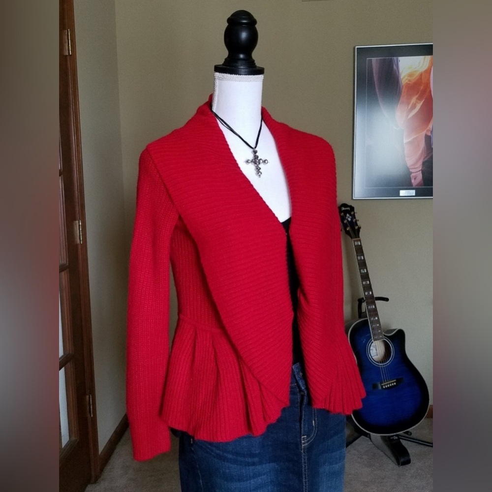 Red Ruffle Trim Front Closure Cardigan Like NEW - Picture 2 of 14